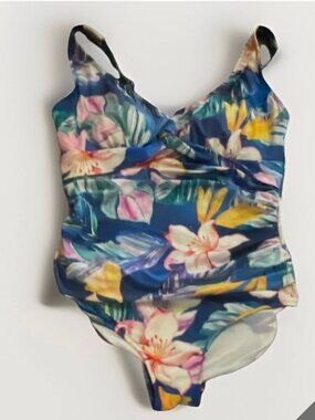 Maxine Of Hollywood Blue Floral Front One Piece Swimsuit  Medium/Large Pin Up